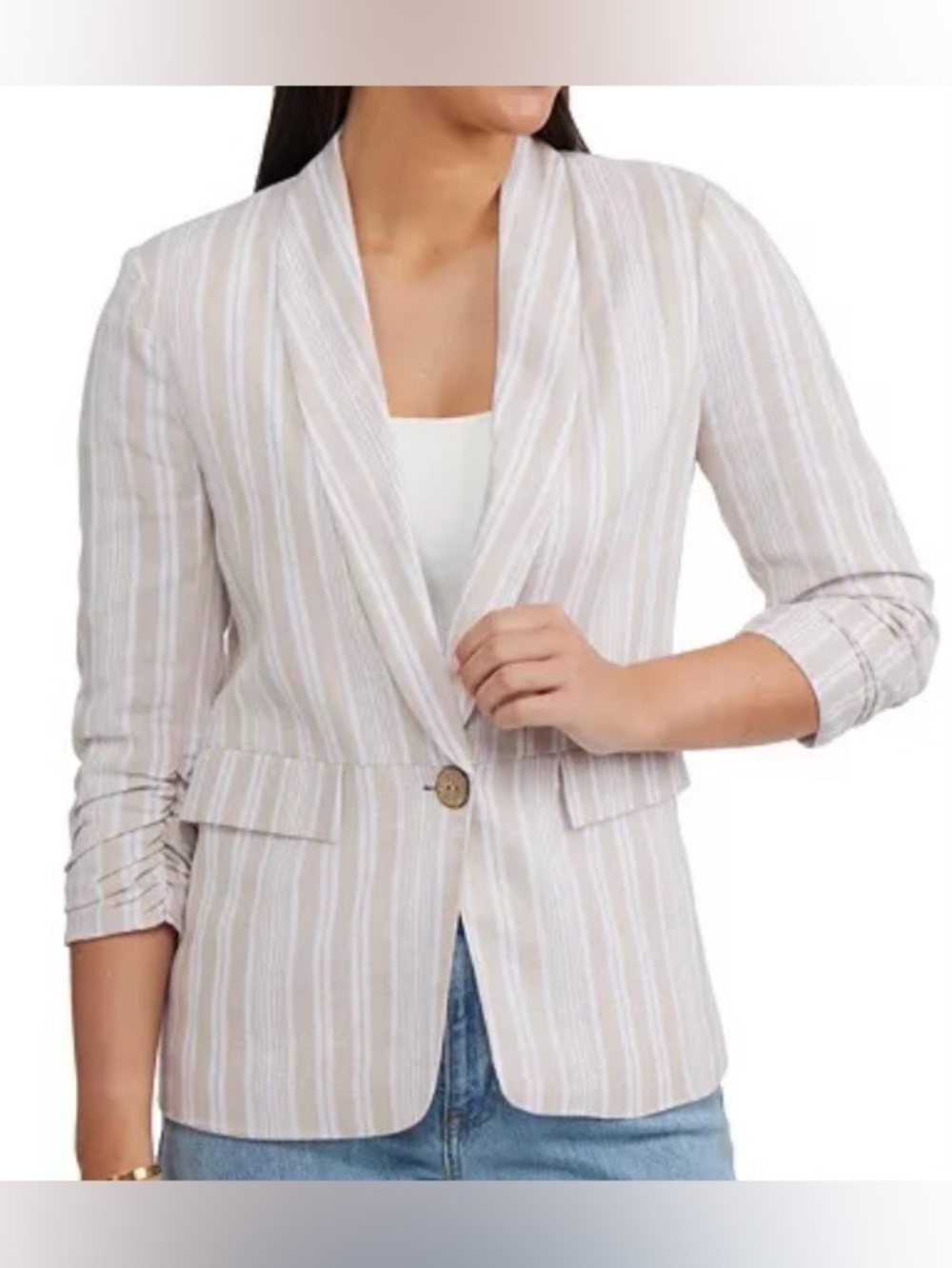 NWT: Ellen Tracy Oatmeal White Striped Linen Blend Blazer Size M